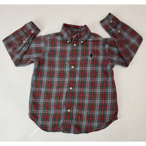 Ralph Lauren Boys 3T Plaid Button Down Shirt Blue Red Pony Logo Preppy Classic